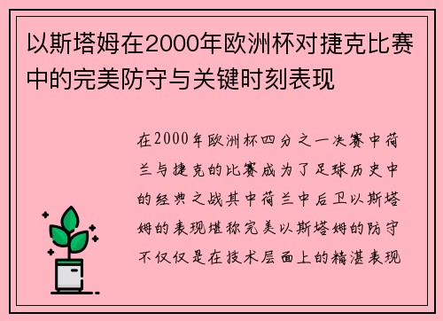 以斯塔姆在2000年欧洲杯对捷克比赛中的完美防守与关键时刻表现